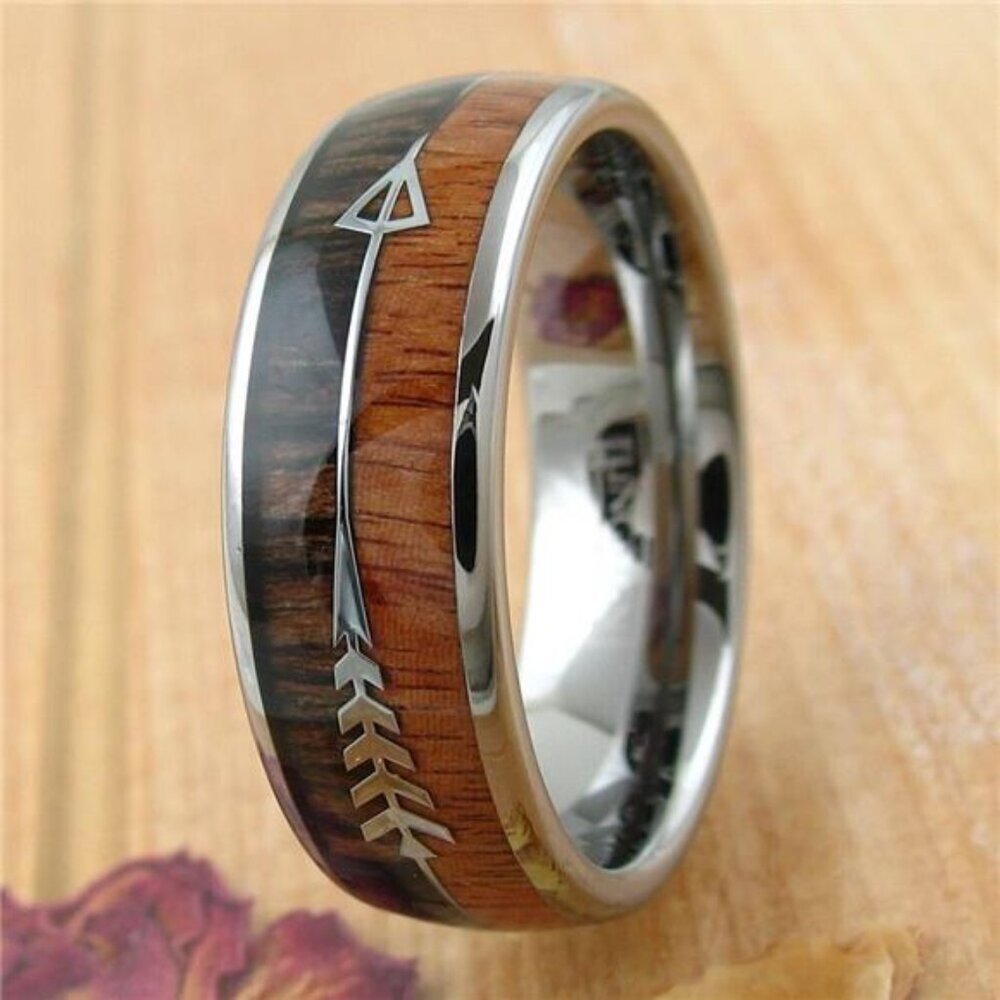 Men's Wedding Band Rings - Silver Wood & Arrow Design - Wedding Rings